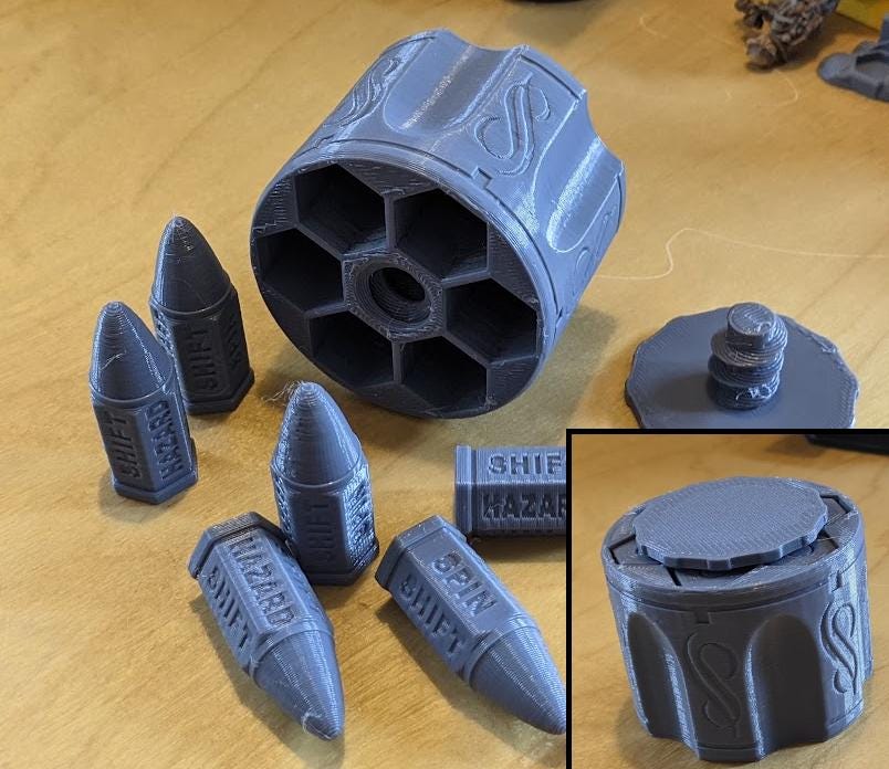 Bullet Dice Set with 6-Shooter Style Case – FDM 3D Printed – Unique Dice for Wargaming & Gaslands