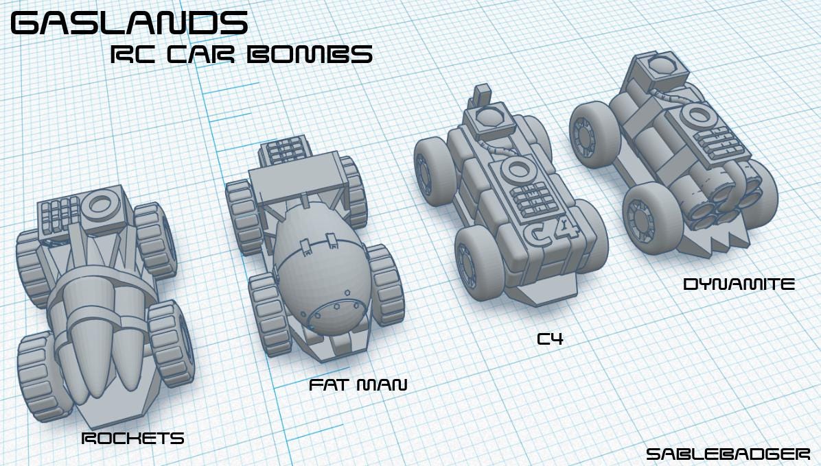 RC Car Bombs for Gaslands – 4 Explosive Miniatures – PLA or Resin – 1:64 Scale Wargame Vehicles – Rockets, C4, Fat Man, Dynamite