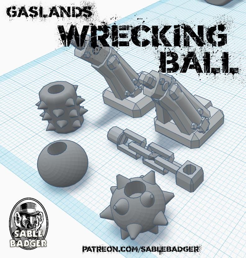 Gaslands Wrecking Ball Set – 6 Upgrade Parts for Post-Apocalyptic Wargames – PLA or Resin – 20mm–1:64 Kitbash Compatible