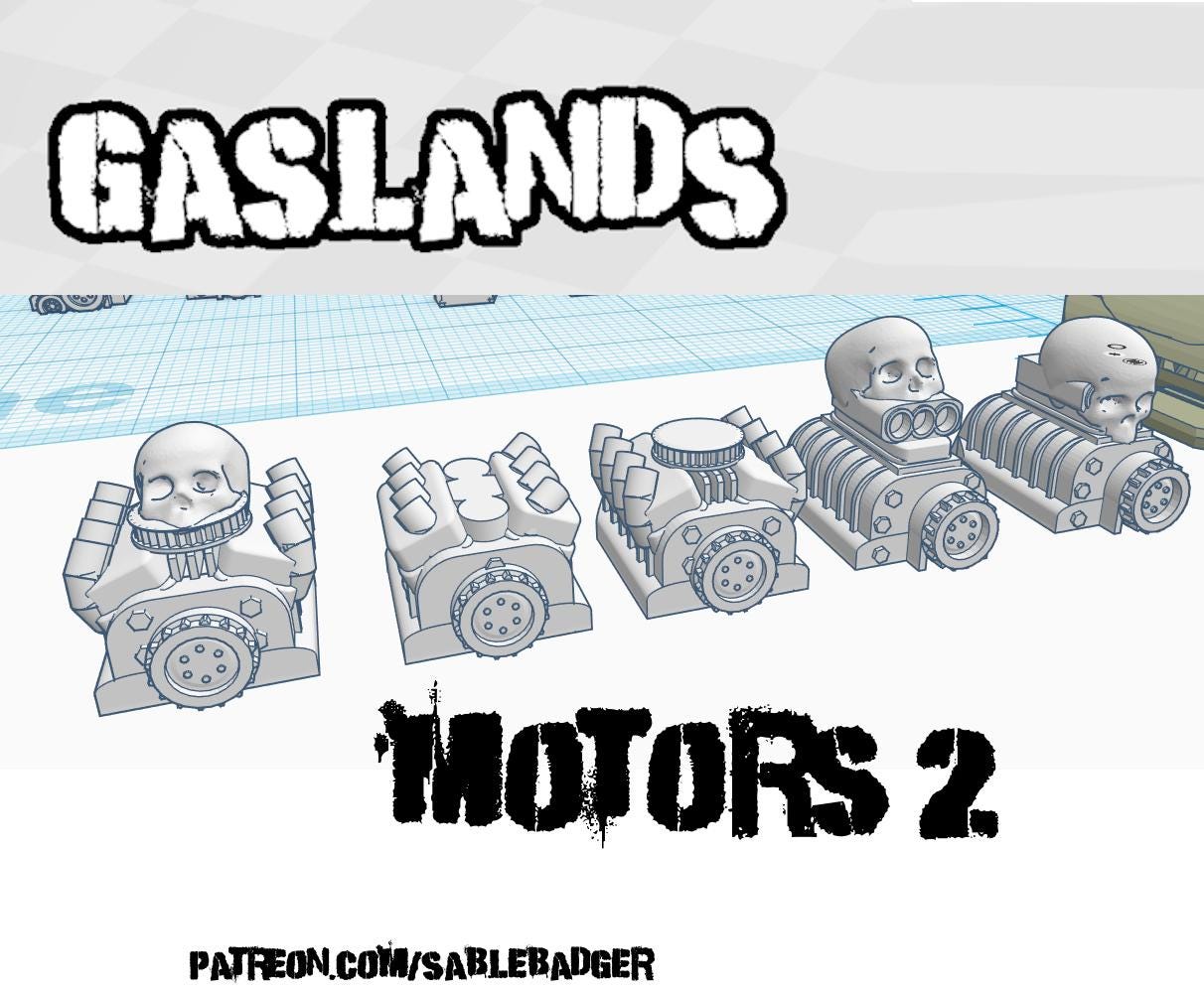 Gaslands Motor Set – 5 Upgrade Parts for Post-Apocalyptic Wargames – PLA or Resin – 20mm–1:64 Kitbash Compatible