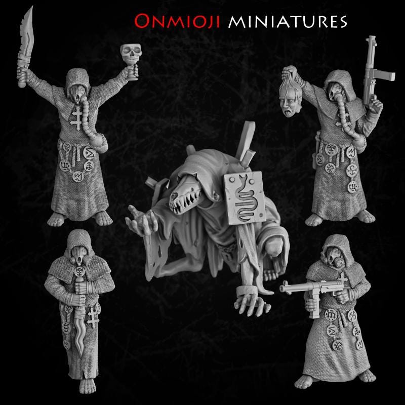 5x Apocalyptic сultists - 28-32mm Scale Resin Models compatible with Trench Crusade Grimdark Horror