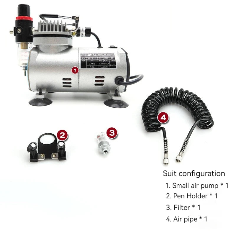 110V/220V Professional Airbrush Compressor Kit | Oil-Free, Quiet, High-Pressure Spray Pump for Tattoos, Manicure, Cake Decorating & More