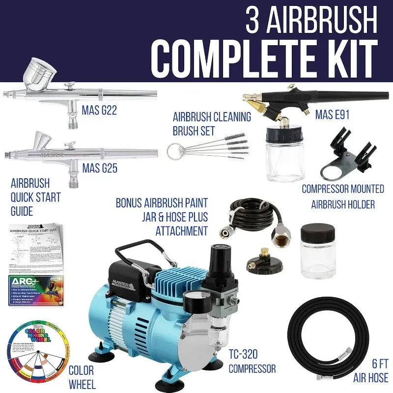 Master Airbrush Cool Runner II Dual Fan Compressor Kit | Professional Airbrushing System with 3 Airbrushes – Gravity & Siphon Feed