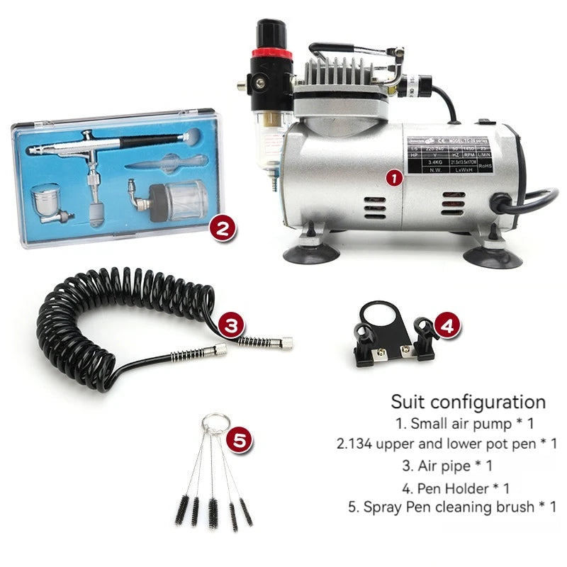 110V/220V Professional Airbrush Compressor Kit | Oil-Free, Quiet, High-Pressure Spray Pump for Tattoos, Manicure, Cake Decorating & More