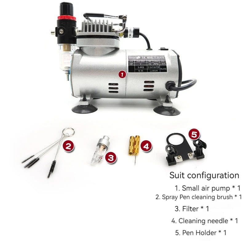 110V/220V Professional Airbrush Compressor Kit | Oil-Free, Quiet, High-Pressure Spray Pump for Tattoos, Manicure, Cake Decorating & More