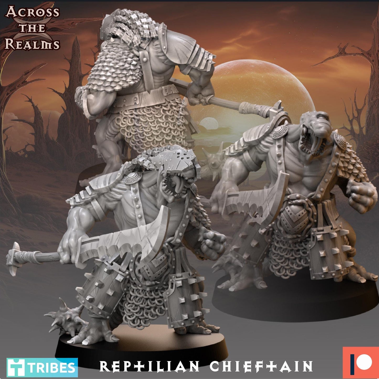 Reptilian Chieftain 3d Printed Resin Miniatures Set by Across The Realms for Wargames like OPR