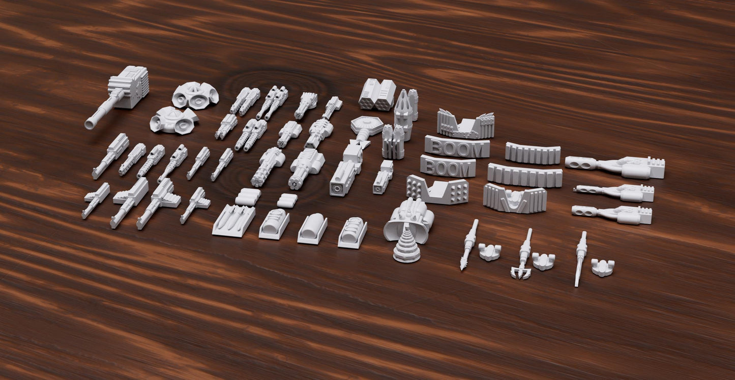 Gaslands Weapon Bitz Set – 50+ Upgrade Parts for Post-Apocalyptic Wargames – PLA or Resin – 20mm–1:64 Kitbash Compatible