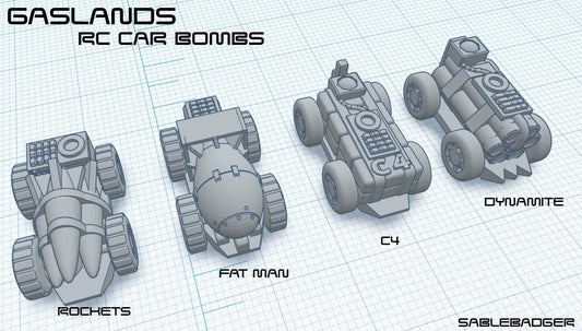 RC Car Bombs for Gaslands – 4 Explosive Miniatures – PLA or Resin – 1:64 Scale Wargame Vehicles – Rockets, C4, Fat Man, Dynamite