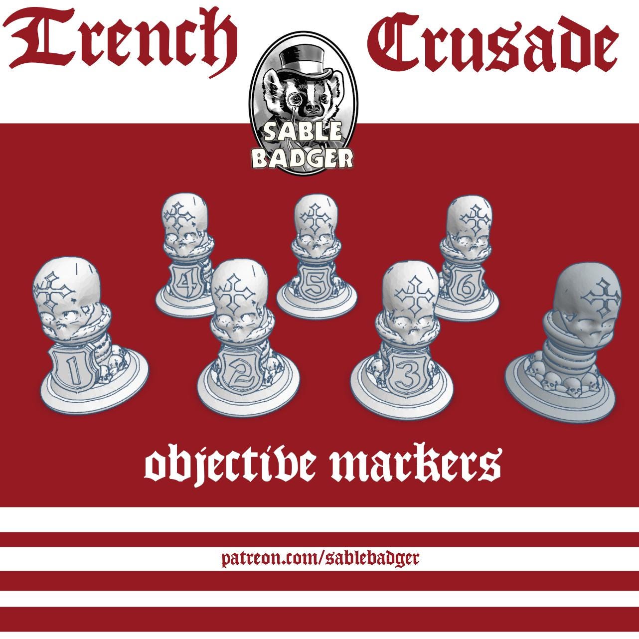 Trench Crusade Objective Markers – Set of 7 Skull-Themed Objectives – 3D Printed in PLA