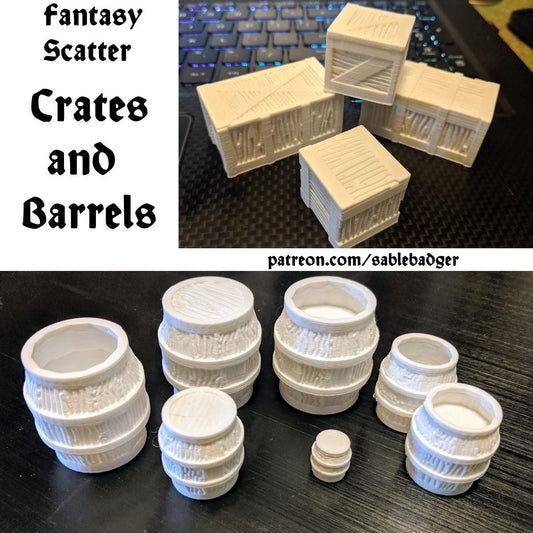 Fantasy Scatter Crates and Barrels | 28-32mm Scale - 3D Printed Wargaming Terrain | PLA Plastic