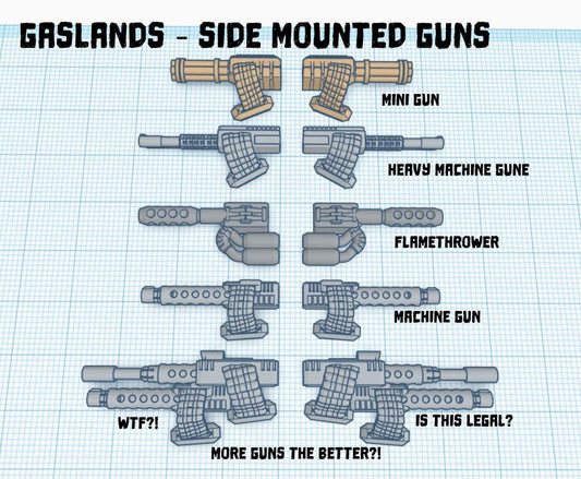Gaslands Side Mounted Guns  – 10 Upgrade Parts for Post-Apocalyptic Wargames – PLA or Resin – 20mm–1:64 Kitbash Compatible