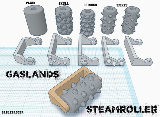 Gaslands Steamroller Set  – 10 Upgrade Parts for Post-Apocalyptic Wargames – PLA or Resin – 20mm–1:64 Kitbash Compatible