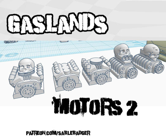 Gaslands Motor Set  – 5 Upgrade Parts for Post-Apocalyptic Wargames – PLA or Resin – 20mm–1:64 Kitbash Compatible