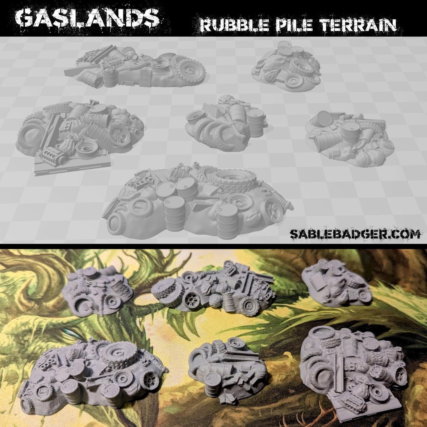 Rubble Piles Scatter Terrain compatible with Gaslands & Post-Apocalyptic Wargames - 6-Pieces