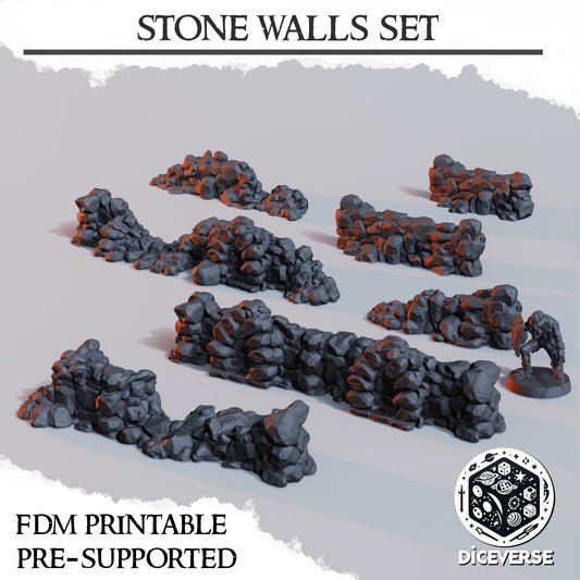 3D Printed Stone Wall Set: Wargame Terrain, Medieval Graveyard (Unpainted)
